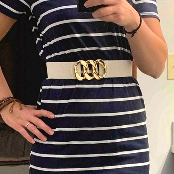 White wide corset elastic boho stretch waist belt triple Gold chain link - Picture 4 of 12